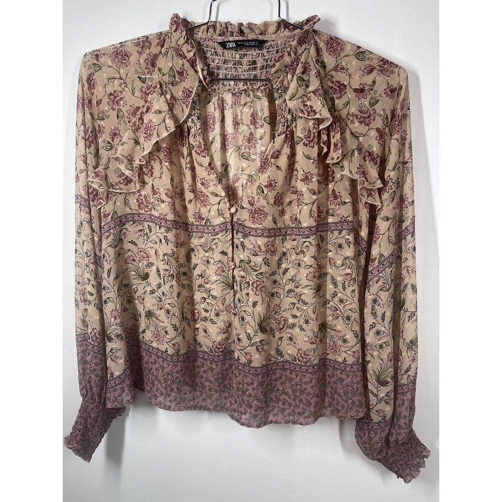 Zara Women's Cropped Sheer Puff Sleeve Floral Blouse Paisley Size S Cottage Core